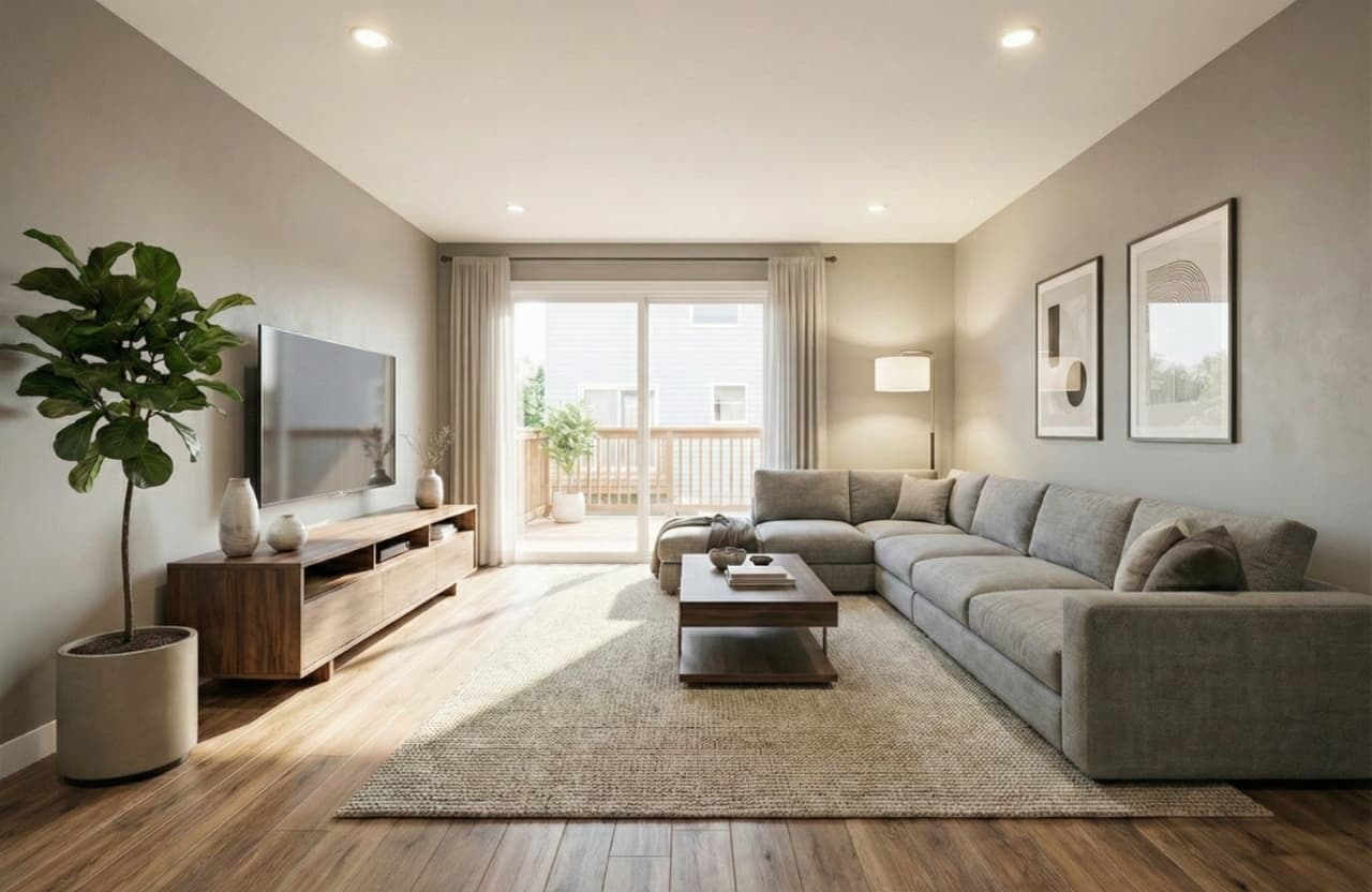 Modern living room in Anhart Merritt townhome - spacious and well-lit interior design